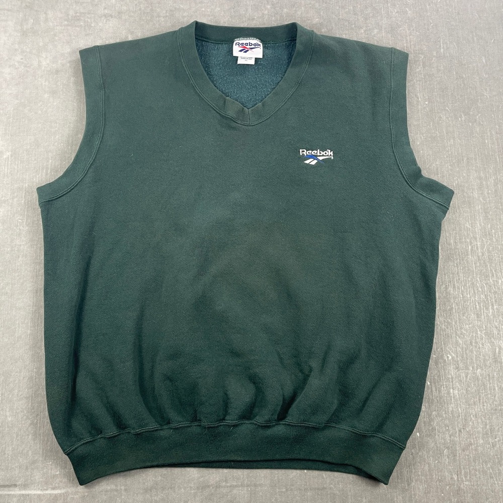 Reebok Men XL Green Sweatshirt Vest Vintage USA Made‎ V-Neck Fleece